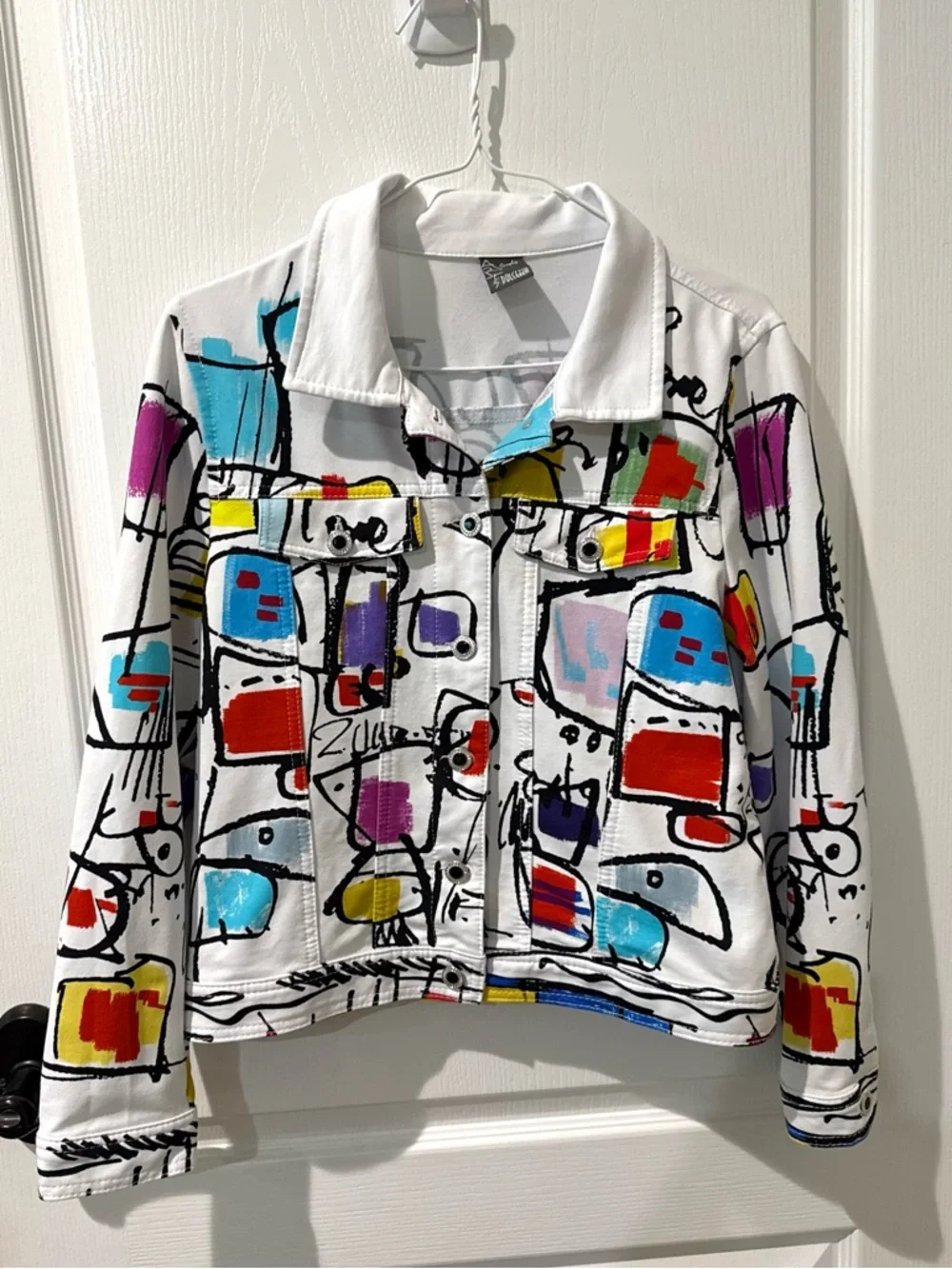 Dolcezza white jean jacket with vibrant abstract print by Luc Villard. Sz M - Picture 2 of 11